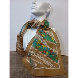 Vintage Polyester Striped‎ Floral Brown White 12"X34" Rectangle Scarf Japan
